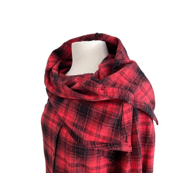Plaid Hooded Button-Up flannel Shirt With Shawl Collar In Red & Black size Large - Picture 3 of 16